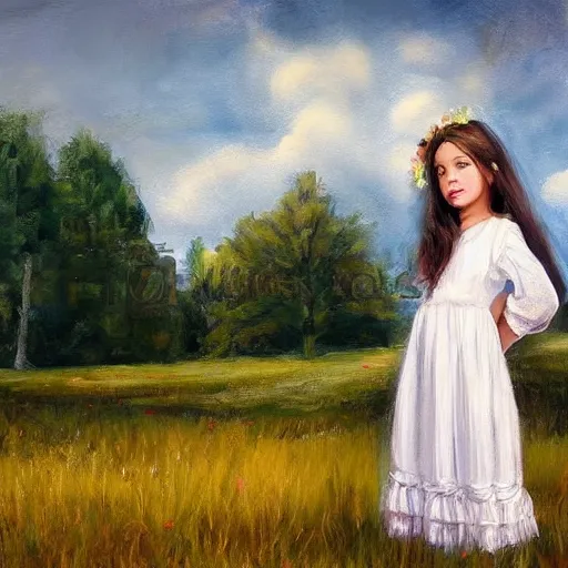 Image similar to portrait of girl dressed in white clothes countryside country style country house fantasy character portrait painting