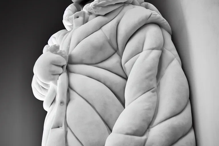 Image similar to well lit fashion shoot portrait of extremely beautiful female marble statue wearing huge over size puffer jacket by dingyun zhang, yeezy, balenciaga, vetements, a cold wall, sharp focus, clear, detailed,, cinematic, detailed, off white, glamourous, symmetrical, vogue, editorial, fashion, magazine shoot, glossy