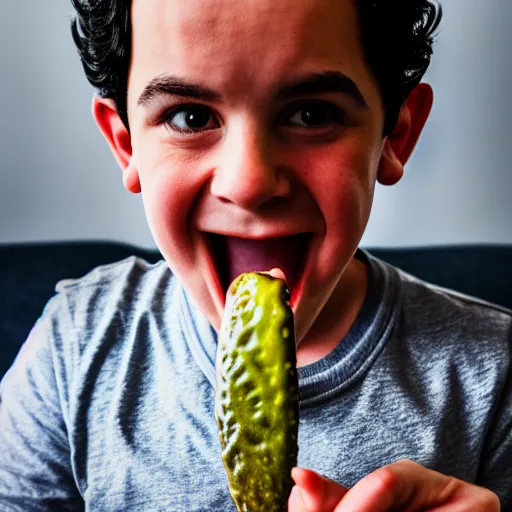 Image similar to fred savage eating a pickle, ( sony a 7 r iv, symmetric balance, polarizing filter, photolab, lightroom, 4 k, dolby vision, photography awardm, voque, perfect face )