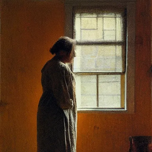 Image similar to person in pyjamas standing near window, sun rays, daylight, french door window, 2 4 mm, anamorph lenses, photorealistic, high ceiling, painting by thomas eakins