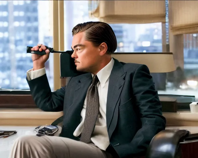 Prompt: margot r! dream leonardo dicaprio as the wolf of wall street, cinamtic, long shot, hyper detailed, very detailed face, 8 5 mm photograph, 8 k resolution, film still, sharp lens, wide lens