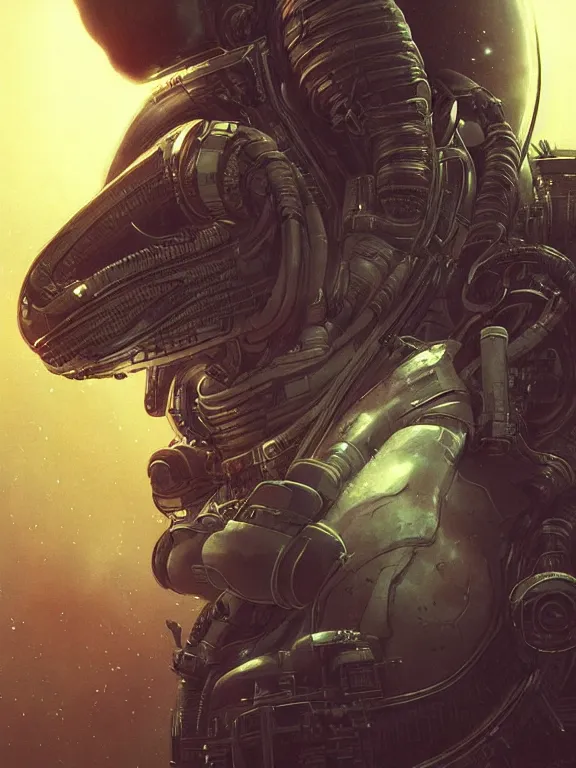 Image similar to portrait of an astronaut from alien isolation, art by ryo shiotani and greg rutkowski, intricate, beautiful, cute, cinematic lighting, vintage art by serge ivanoff, high resolution, very detailed