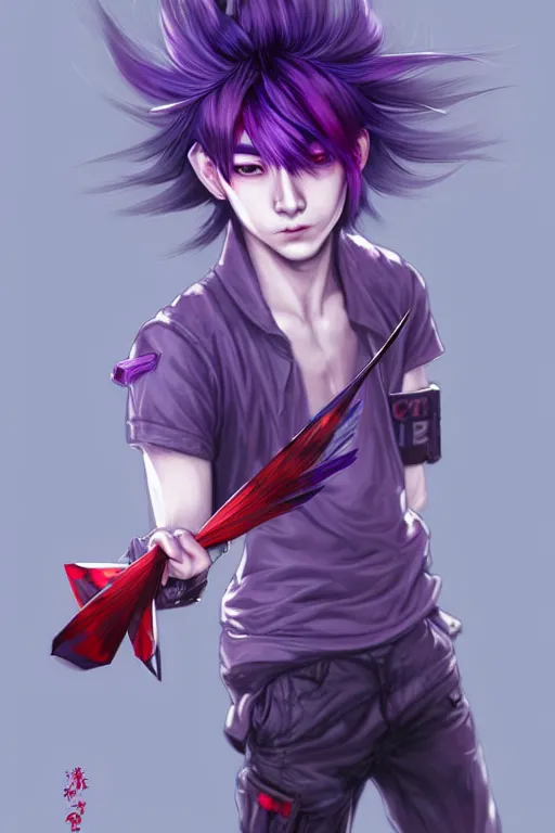 Image similar to gorgeous!!! hyper - realistic teenager boy with purple hair, purple eyes with red eye markets, wearing combat japanese clothes, holding a fan | drawn by wlop, drawn by jeehyung lee, drawn by artgerm | intricate, highly detailed, digital painting, character design, concept art, illustration, artstation