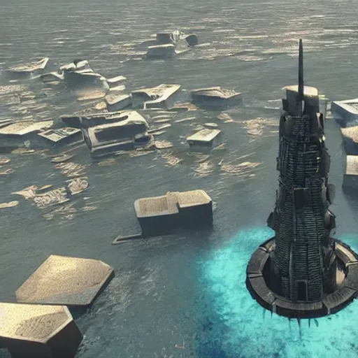 Image similar to a island in the middle of the ocean with a large dystopian cyberpunk tower on it.
