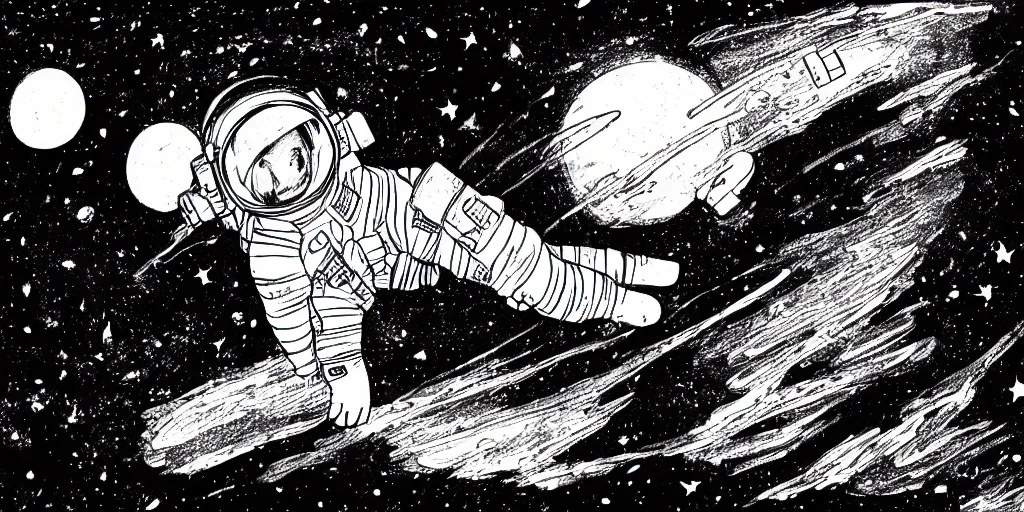 Prompt: ink lineart drawing of a lone female astronaut floating in space, wide angle, space background, artstation, etchings by goya, chinese brush pen, illustration, high contrast, deep black tones contour