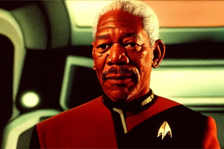 Prompt: a film still of Morgan Freeman starring as a Captain Picard in a Star Trek: The Next Generation, sitting in Ten Forward, dramatic lighting