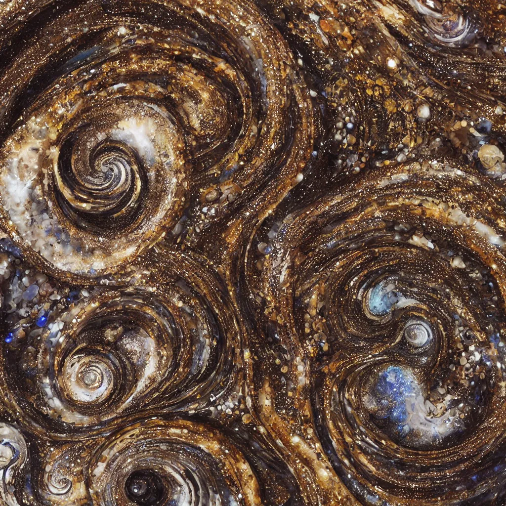 Image similar to fractured galaxy spiral seashells, cyclone seahorse ivory sculpture, detailed fractal patterns, macrophotography, ochre and umber powders, encrusted with dark opals and gold, hyper realistic intricate and complex, fine art photography, trending