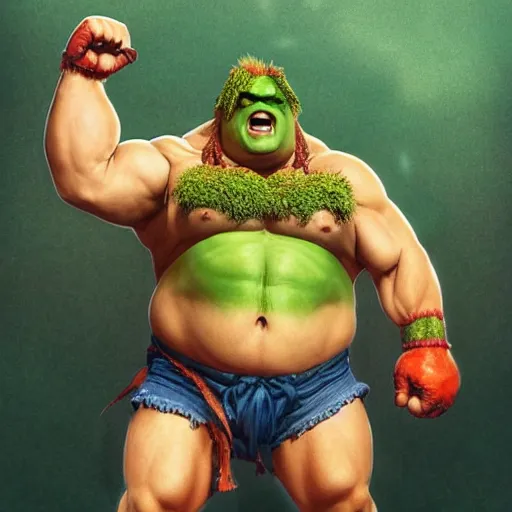 Prompt: chris farley, with green skin and orange body hair, as blanka from street fighter flexing, ultra realistic, concept art, intricate details, eerie, highly detailed, photorealistic, octane render, 8 k, unreal engine. art by artgerm and greg rutkowski and magali villeneuve and alphonse mucha
