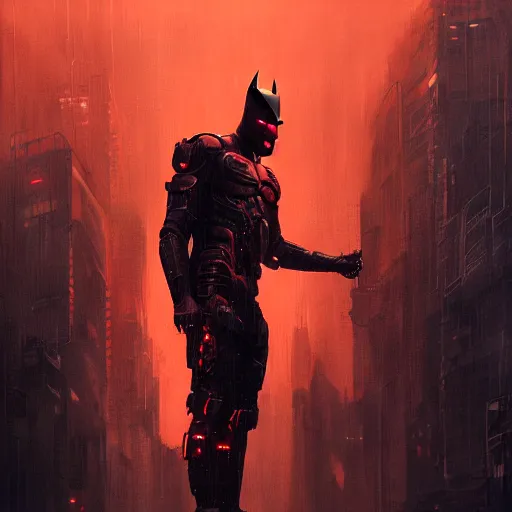 Prompt: cyberpunk batman with fullface mask, red logo, moody, futuristic, city background, brush strokes, oil painting, greg rutkowski