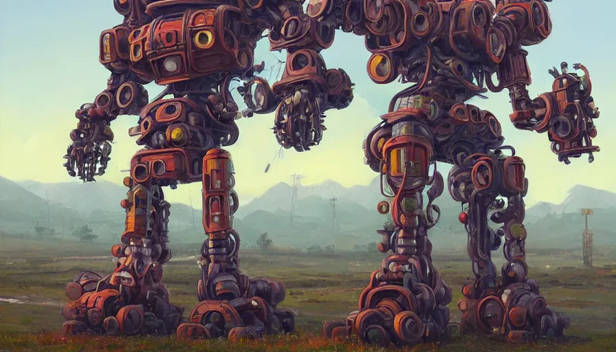 Prompt: an intricate oil painting of a giant scrap metal anime mecha with rounded components by simon stalenhag