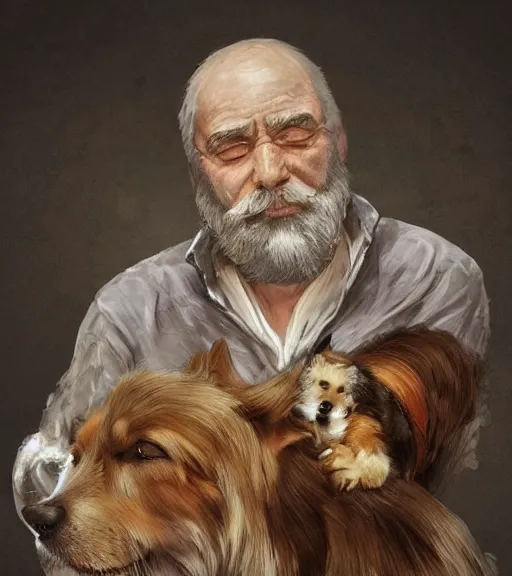 Image similar to full portrait of a old, ruggedly handsome bearded man petting a corgi dog, soft hair, muscular, half body, cloth, d & d, fantasy, intricate, elegant, highly detailed, digital painting, artstation, concept art, smooth, sharp focus, illustration, art by artgerm and greg rutkowski and alphonse mucha