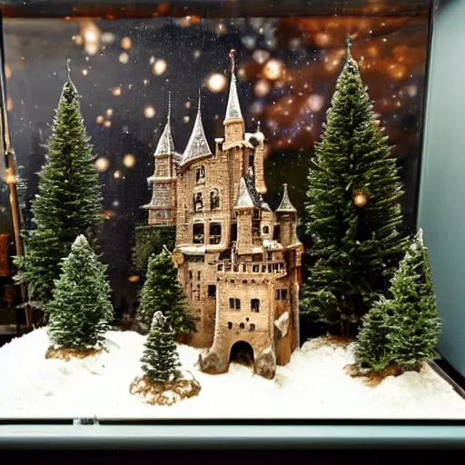 Prompt: A snowglobe is on display with a castle inside.