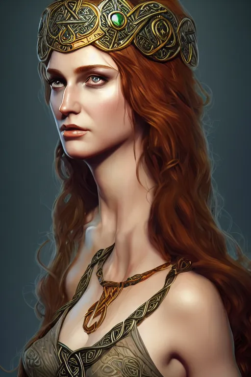 Prompt: portrait of celtic goddess Diana, middle shot, digital art, highly detailed, intricate, sharp focus, Trending on Artstation, HQ, unreal engine 5, 4K UHD image, by brom, loish, artgerm, face by Otto Schmidt