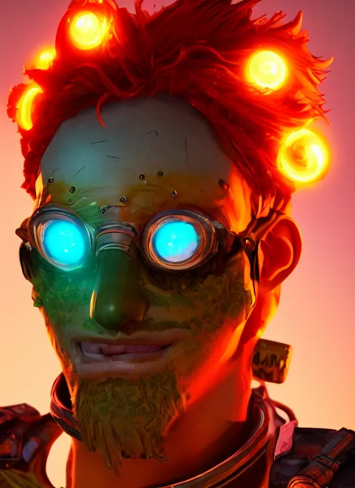 Image similar to glowwave portrait of curly orange hair man from borderlands 3, au naturel, hyper detailed, digital art, trending in artstation, cinematic lighting, studio quality, smooth render, unreal engine 5 rendered, octane rendered, art style by klimt and nixeu and ian sprigger and wlop and krenz cushart.