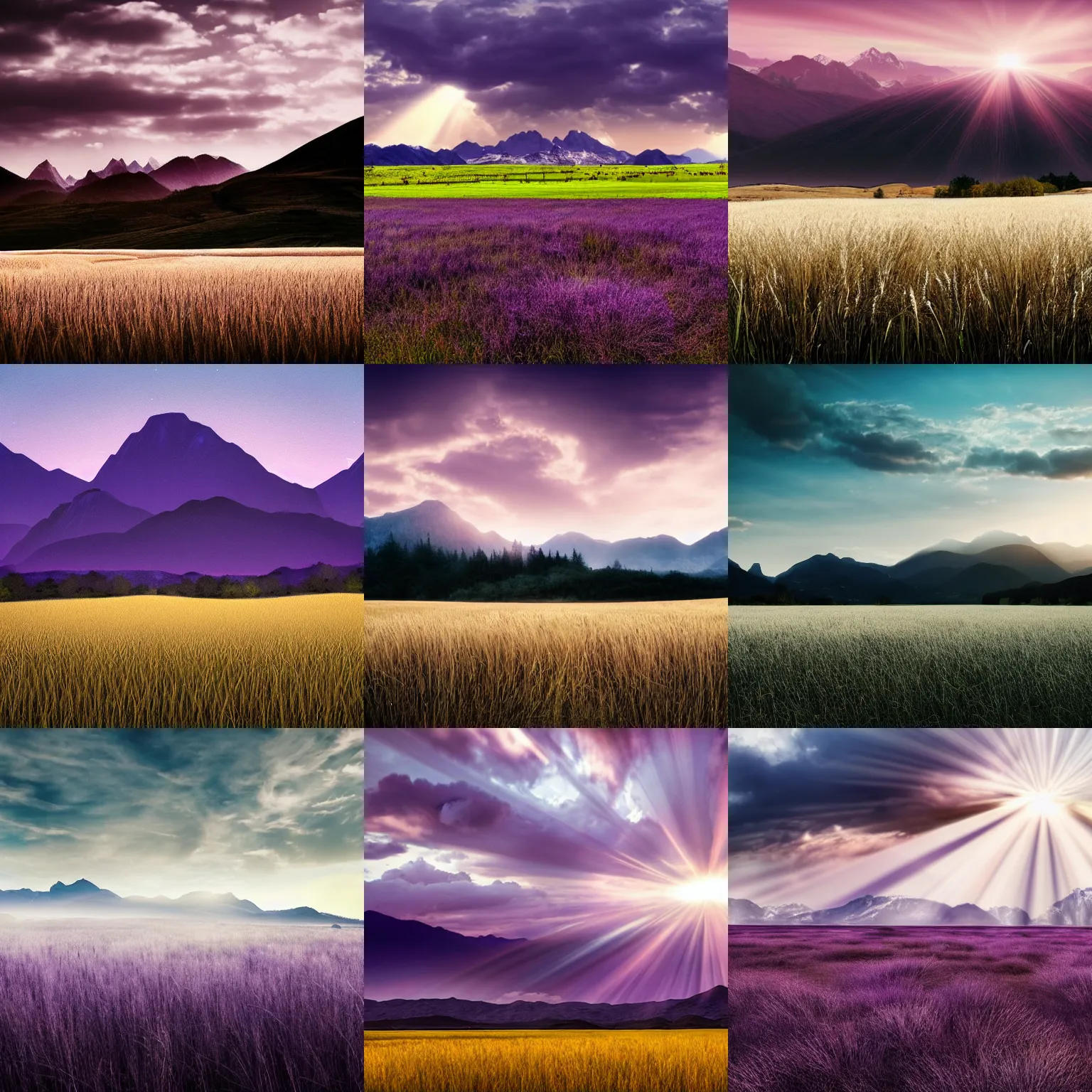Prompt: landscape of fields of white tall grass with shadowed mountains in the distance, dark sky, purple dusk, sunrays, shadows, snowy peaks, ethereal, mystical, somber, photorealistic, dreamy