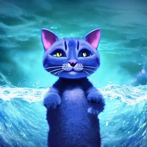 Prompt: a blue cat with water powers, glowing eyes, ocean background,cat is floating in air