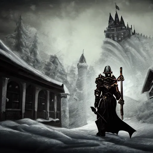 Prompt: paladin knight in snow in front of a castle, highly stylized, riot games concept art, moody, high contrast, vibrant colors, dark fantasy, 8k, ultra detailed, midjourney