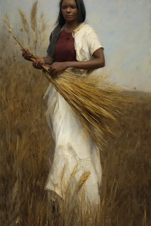 Image similar to Solomon Joseph Solomon and Richard Schmid and Jeremy Lipking painting full length portrait painting of a young woman carrying a sheaf of wheat