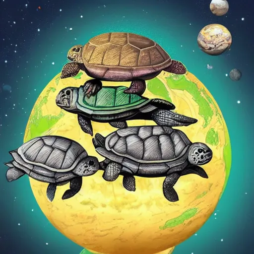 Image similar to a stack of turtles in space beneath a globe of the earth, earth globe on top