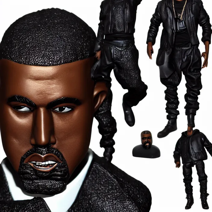 Image similar to kanye west using a black mask with small holes, all black clothes and a black bullet proof vest, a goodsmile figure of kanye west, figurine, detailed product photo
