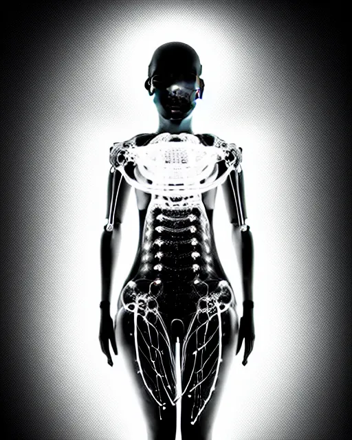 Image similar to black and white young female-cyborg-human-jellyfish-plant high quality photo, microchip, artificial intelligence, bio-mechanical bio-luminescence, black wired cables, neurons, nerve cells, octane render, cinematic, rim light, hyper realism, photo-realistic, high detail, 8k, masterpiece, high fashion, in the style of Dora Maar