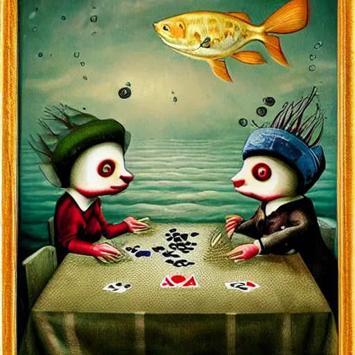 Prompt: two fishes sitting at a table playing cards at the bottom of the sea, the table has a checkered table cloth, lowbrow surrealistic, in the style of mark ryden,