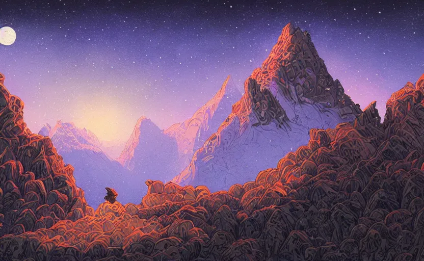 Prompt: mountains, stars and paisley filled sky, artstation, intricate, highly detailed, digital painting, concept art, sharp focus, illustration by Jean Claude Mézières and Benjamin Lacombe