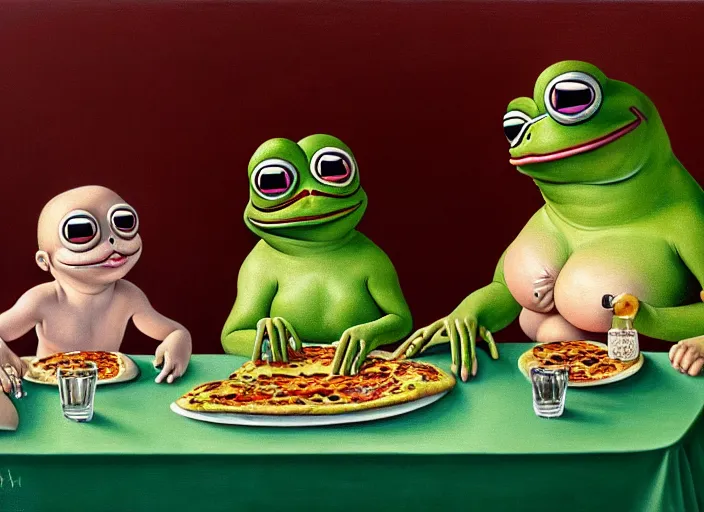 Prompt: hyper realistic detailed painting of a heavy tattooed pepe the frog family in baroque clothes in mid 70s italian restaurant eating pepperoni pizza with roasted rainbow and drinking black sparkling milk by Andrei Tarkovsky, Adrian Ghenie, Storm Thorgerson, and Beeple, semi naive, pastel colors, Hilma af Klint color palette, cinematic, very coherent symmetrical artwork, cinematic, hyper realism, high detail, 8k, last supper composition, octane render. Beksinski painting, part by Adrian Ghenie and Greg Hildebrandt. art by Neo Rauch. masterpiece