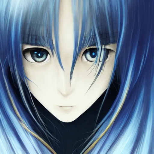 Image similar to face shot of rimuru tempest, sky blue straight hair, long bangs, with amber eyes, gold eyes, wearing a black jacket, high collar, ultra detailed, brush strokes, digital painting, cinematic, wlop artstation, closeup, pixiv, eerie, scary, intimidating glare, evil, yoshitaka amano, junji ito,