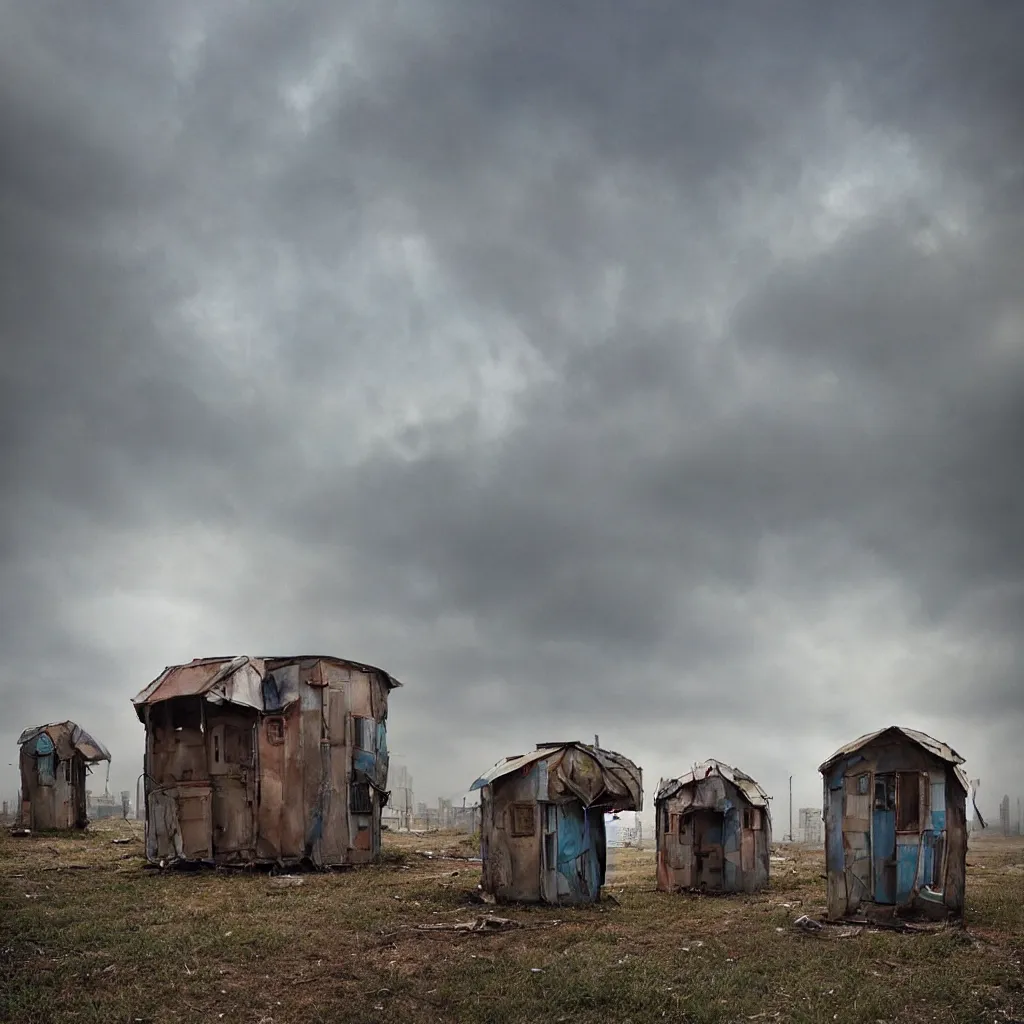 Image similar to circular towers, made up of makeshift squatter shacks with faded colours, apocalyptic sky, misty, dystopia, mamiya rb 6 7, fully frontal view, ultra sharp, very detailed, photographed by julie blackmon