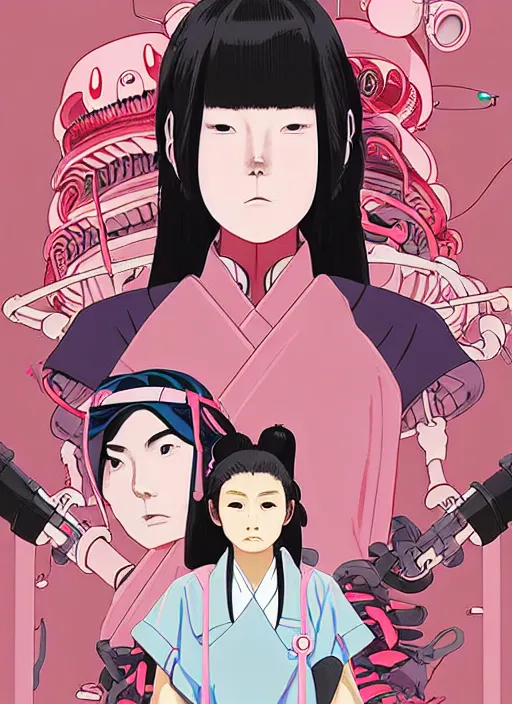 Image similar to Artwork by James Jean, Phil noto and hiyao Miyazaki; a young Japanese future samurai police girl named Yoshimi battles an enormous looming evil natured carnivorous pink robot on the streets of Tokyo; Japanese shops and neon signage; crowds of people running; Art work by studio ghibli, Phil noto and James Jean