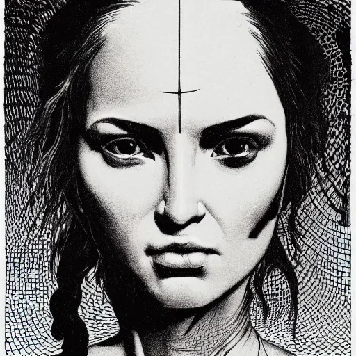 Image similar to portrait of lara croft by goya and escher and hogarth, illusion surreal art, highly conceptual figurative art, intricate detailed illustration, controversial poster art, polish poster art, geometrical drawings, no blur