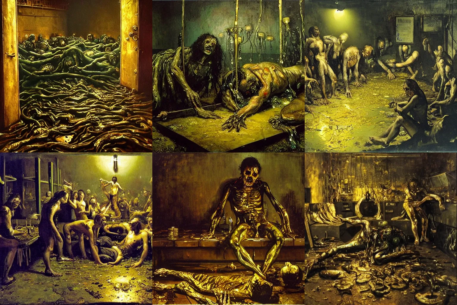 Prompt: realistic Courbet painting of a dark sci-fi laboratory at night, dark green ambient light, dressed zombie walking made of guts and veins dripping golden shiny metalic fluid from ribcage to the floor. liquid shiny puddle of gold on the floor.
