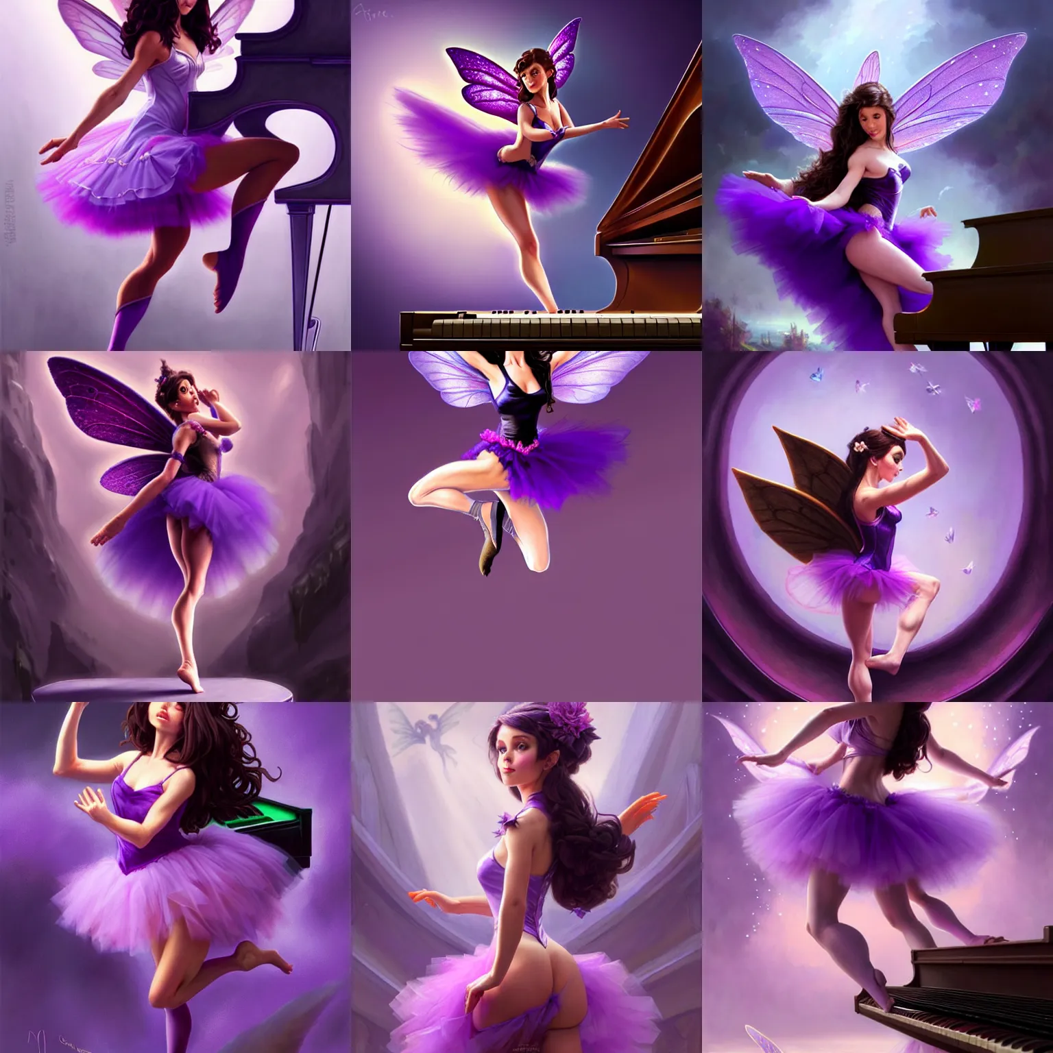 Prompt: brunette fairy woman stretching, wearing purple romantic tutu, standing on top of a piano, d & d, fantasy, highly detailed, digital painting, trending on artstation, concept art, sharp focus, illustration, art by artgerm and greg rutkowski and magali villeneuve