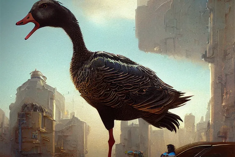 Image similar to A solarpunk very highly detailed anhtropomorphic Goose with very highly detailed face on the street of a very highly detailed solarpunk sci-fi city digital rational painting art by Greg Rutkowski, sci-fi highly detailed, digital concept art, Dimensional cyan gold natural light, sharp focus, Golden Ratio illustration, realistic concept art by Stephen Hickman and James Gurney and Hiromasa Ogura Ghost in the Shell rendered in Octane Render, From the distance