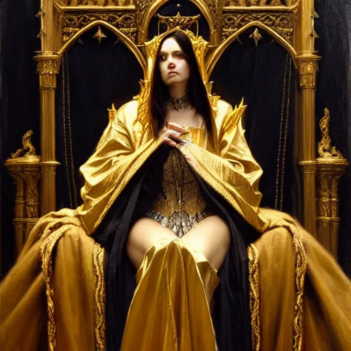 Image similar to full body portrait of hooded queen in gold gothic robes sitting on a throne of bones, elegant, highly detailed painting by gaston bussiere, craig mullins, j. c. leyendecker, 8 k, mid shot