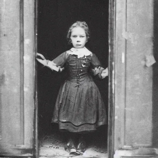 Prompt: an old photograph of a victorian child facing away from the camera, pointing at a glowing doorway