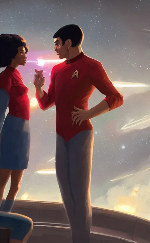 Image similar to Celia Rose Gooding as Uhura and Ethan Peck as Spock caught about to kiss, surprise, cute, innocent, soft lighting, standing in a starbase bar, In style of wojtek fus, by Makoto Shinkai, concept art, highly detailed