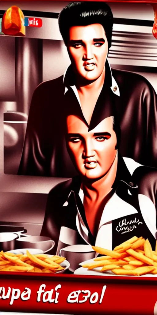 Prompt: photo portrait elvis in an english chip shop, screenshot from bollywood muscial