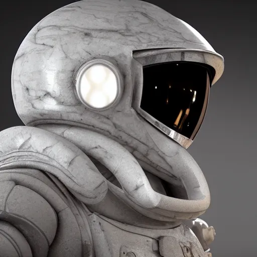 Prompt: Marble sculpture of an astronaut wearing only the helmet by Donatello, 3D, ocatane render, cinematic lighting, hyper detailed, 8k, unreal engine 5