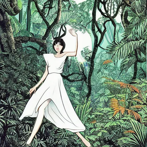 Image similar to elegant woman, white dress, dense jungle, trees, huge flowers, risograph!, omnious, dark, oldschool vintage sci - fi flat surreal design, super - detailed, painting by moebius and satoshi kon and jodorowski and katsuhiro otomo and kim jung gi, hd, 4 k, high quality