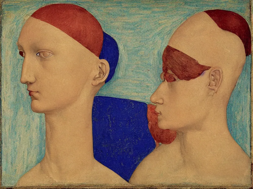 Image similar to portrait of a head on a pillow. lapis lazuli, malachite, cinnabar, gold. painting by piero della francesca, balthus, agnes pelton