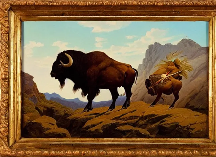 Image similar to native american riding bison, buffalo, native american warrior, mountain range, beautiful sky, standing on the edge of a cliff, 1 9 th century, painted by frazetta