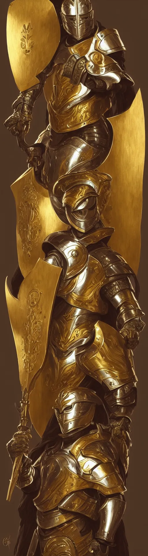 Image similar to Portrait of Pedro Perestrello as a paladin wearing gold full plate armor and wielding a shield, fantasy, intricate, elegant, highly detailed, digital painting, artstation, concept art, matte, sharp focus, illustration, art by Artgerm and Greg Rutkowski and Alphonse Mucha