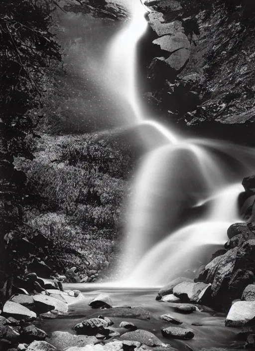 Image similar to a 2 8 mm macro kodachrome photo of a waterfall made of nebula aurora stardust flowing into the river in the valley in yosemite national park in the 1 9 5 0's, seen from a distance, bokeh, canon 5 0 mm, cinematic lighting, film, photography, moonlight, long exposure, depth of field, award - winning