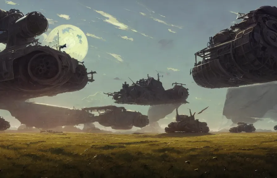 Image similar to concept art of an open field with ruined dieselpunk orcish tanks in the background, key visual, ambient lighting, highly detailed, digital painting, artstation, concept art, sharp focus, by makoto shinkai and akihiko yoshida and hidari and wlop