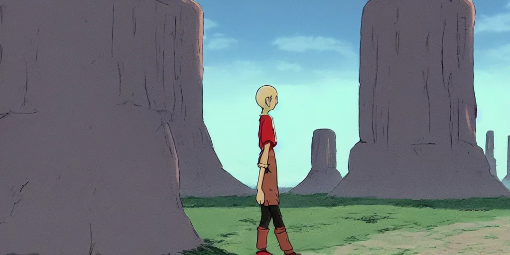 Image similar to a realistic cell - shaded studio ghibli concept art from paprika ( 2 0 0 6 ) of a hairless ape from close encounters of the third kind ( 1 9 7 7 ) in a flooded monument valley stonehenge. very dull colors, wide shot, hd, 4 k, hq