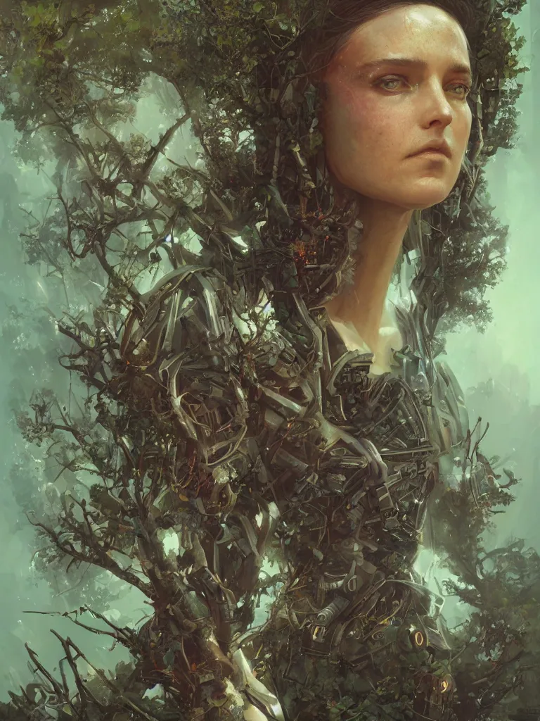 Prompt: a hyperrealistic cyberpunkpunk portrait of a gorgeous woman in the movie Annihilation, with mutated trees and trees and fractal sunlight, award-winning, masterpiece, in the style of Tom Bagshaw, Cedric Peyravernay, Peter Mohrbacher