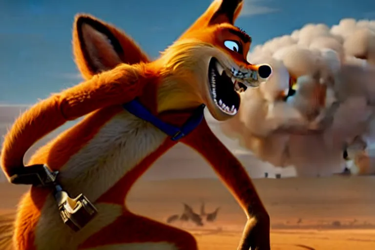 Image similar to nick wilde ( from zootopia ), heavily armed and armored facing down armageddon in a dark and gritty reboot from the makers of mad max : fury road