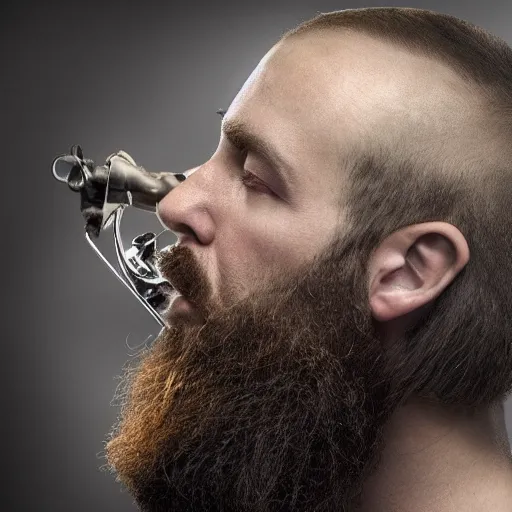 Prompt: bearded man building something, profile, HD, dramatic, surrealism